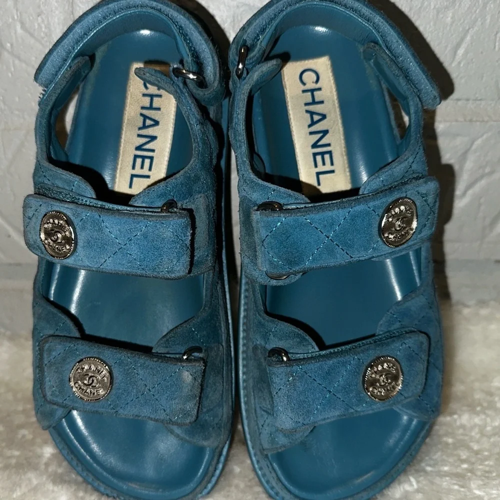 Chanel C2021 Blue Suede Dad Sandals Size 36